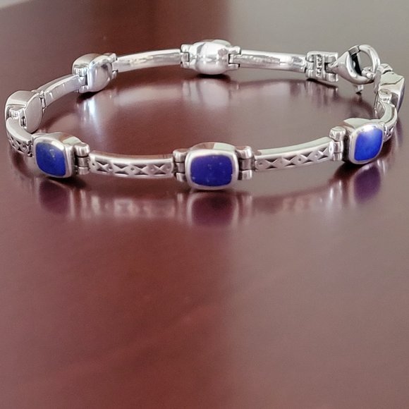 Lapis Bar Link Bracelet 925 Sterling Silver - Picture 1 of 13